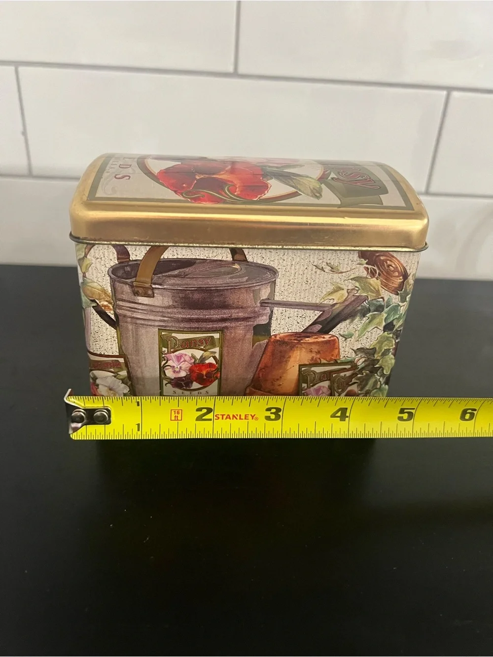 Decorative Garden Pansy Seeds Tin Storage Box - Gold and Brown